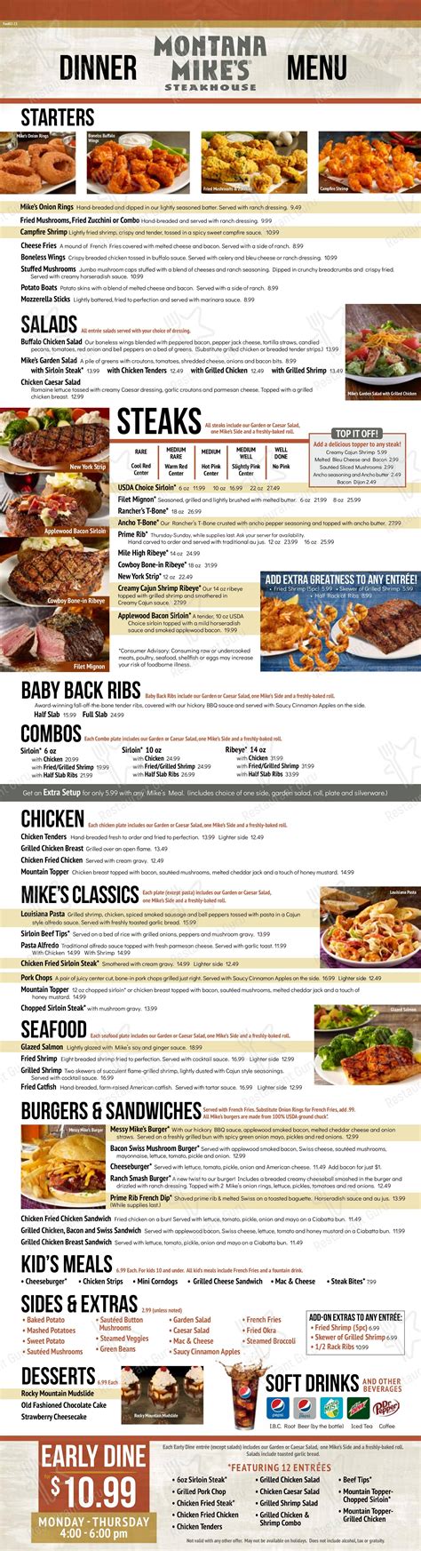 Menu at Montana Mike's steakhouse, New Braunfels