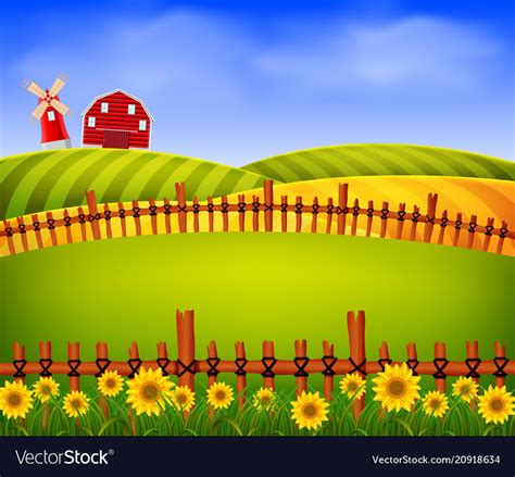 Scenery beautiful farm with red barn and flower Vector Image