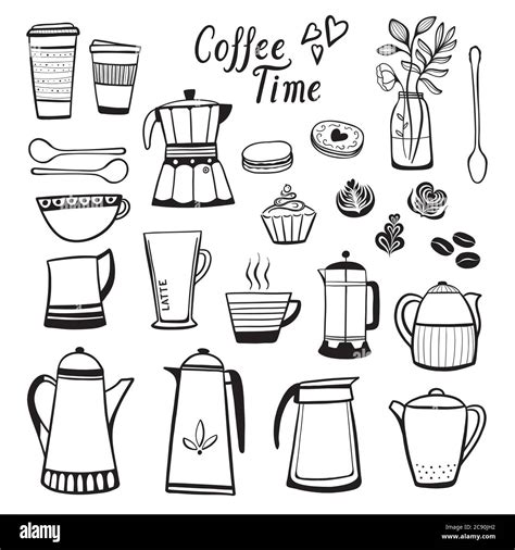 Coffee illustrations clip art vector set. Outline black and white designs Stock Vector Image ...