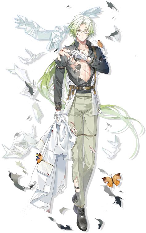 an anime character with white hair and green eyes, holding a bag in his hand