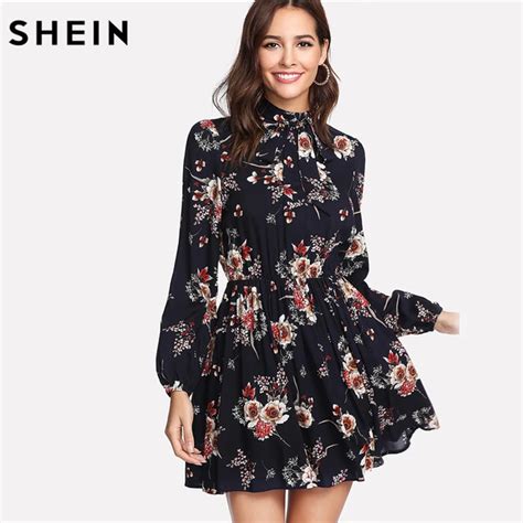 SHEIN Autumn Floral Women Dresses Multicolor Elegant Long Sleeve High ...