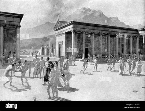 Greek Gymnasium at the Time of the First Olympic Games, Engraving Stock ...