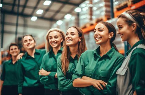 Premium AI Image | A group of women in green work uniforms stand in a warehouse