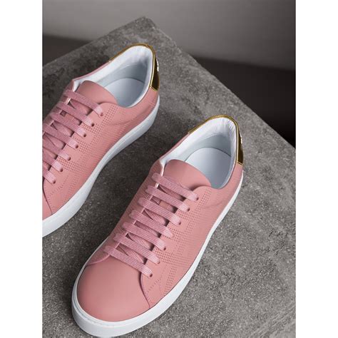 Perforated Check Leather Sneakers in Rose Pink - Women | Burberry ...