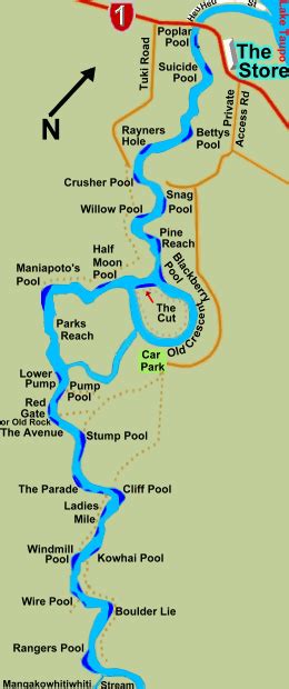 Map of the pools of the Tauranga-Taupo River, Lake Taupo, New Zealand