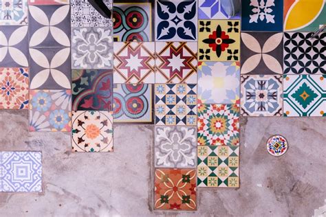 Various of Type and Color Floor Square Tiles with Concrete Floor Stock ...