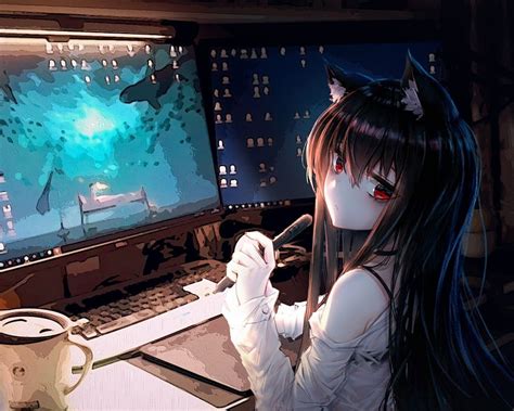 Anime Cat Girl, Room, Computer, Animal ..., gamer girl kawaii pc Fond d ...