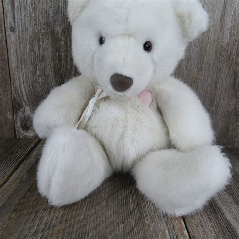 Vintage White Teddy Bear with Pink Heart Dakin 1990 Ribbon Bow Grey Fl ...