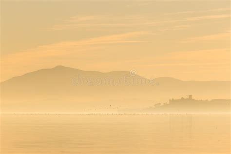 Beautiful View of Trasimeno Lake at Sunset with Birds on Water and Castiglione Del Lago Town ...