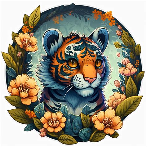 Premium Photo | Cute tiger, floral circular frame, icon, cartoon