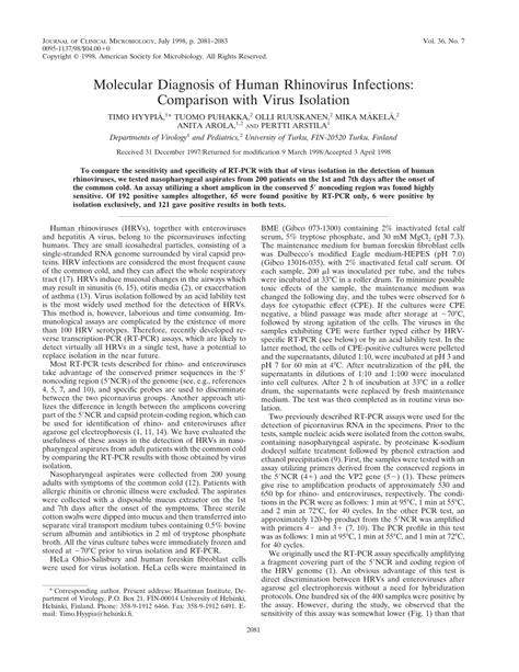 (PDF) Molecular Diagnosis of Human Rhinovirus Infections: Comparison ...