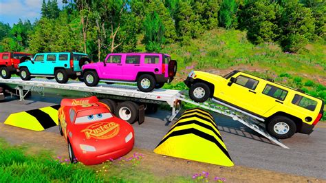 Flatbed Trailer Hummer Cars Transporatation with Truck - Colored Cars ...