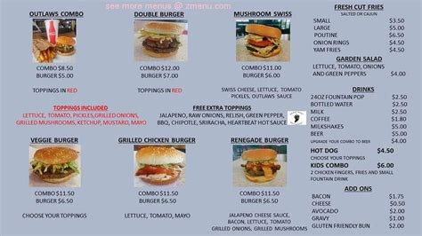 Menu at Outlaws Burgers and Fries restaurant, Thunder Bay