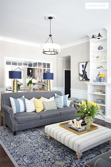 Grey Living Room With Blue And Yellow Accents | Baci Living Room