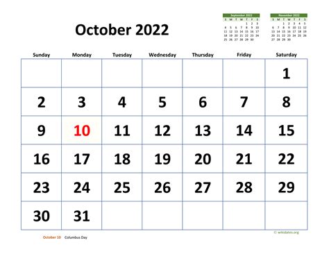 October 2022 Calendar with Extra-large Dates | WikiDates.org