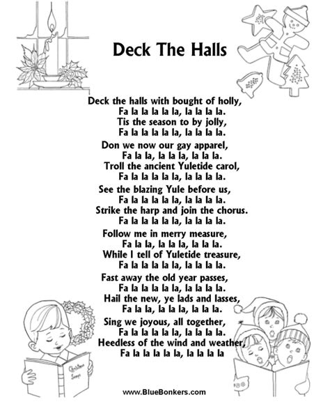 Deck the Halls, Free Printable Christmas Carol Lyrics Sheets : Favorite ...
