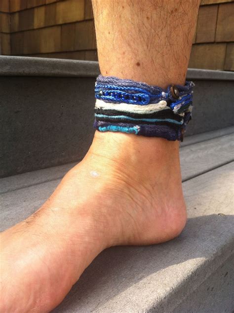 Knots and fiber bracelets: men's wide ankle bracelet blue black beaded design strata series