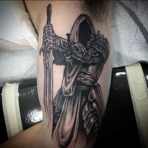 Awesome designed and detailed black and white fantasy mystic warrior with cool sword tattoo on ...