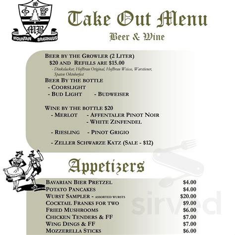 Mountain Brauhaus menu in Round Top, New York, USA