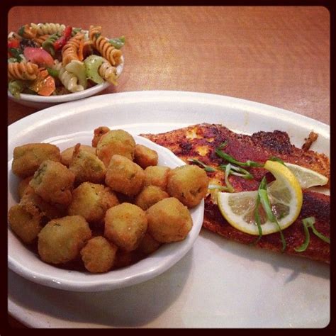 Luby's Cafeteria on Instagram: “Blackened tilapia, fried okra, pasta salad. Yum! #lunch #lubys”