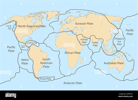 Tectonic plate earth map. Continental ocean pacific, volcano lithosphere geography plates Stock ...