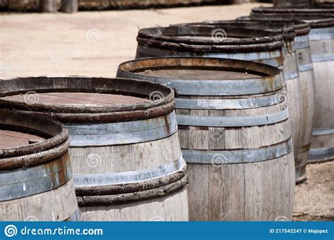 Old Oak Barrels for Wine Aging in a Row, Outdoor. Soria Stock Image ...