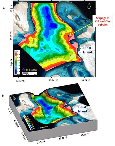 (a) The 2D bathymetric map (b) The 3D bathymetric map of the study area ...