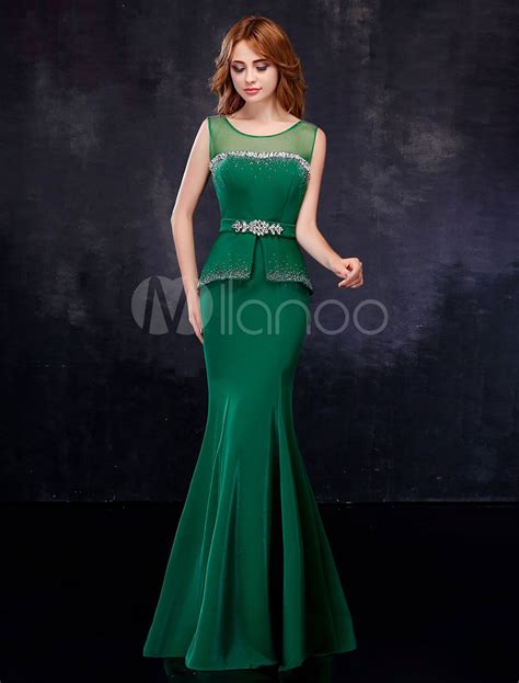 Evening Dresses Peplum Satin Rhinestone Hunter Green Evening Gown ...