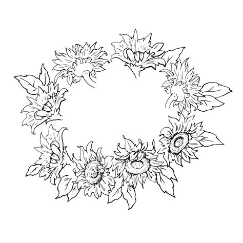 Vector graphics. Linear freehand drawing of a wreath of sunflowers. From the collection HAIR ...