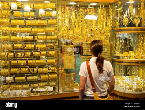 Window display of gold jewellery in Gold Souk in Deira Dubai United ...