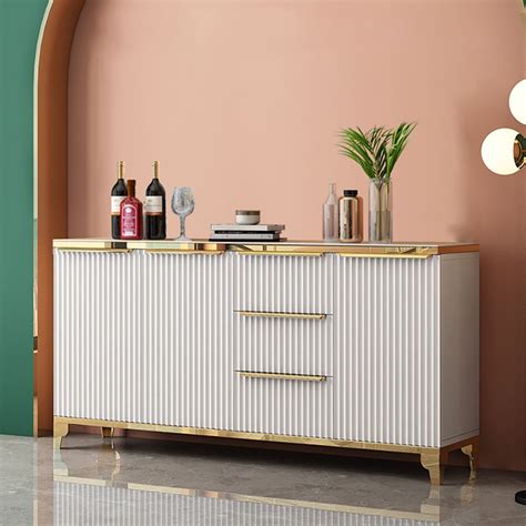 55" White Sideboard with Tempered Glass Top and 3 Drawers in Gold Finish | White sideboard ...