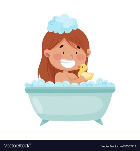 Cheerful girl taking a bath sitting in bathtub Vector Image