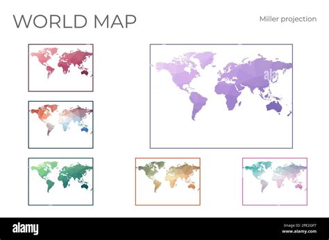 Low Poly World Map Set. Miller cylindrical projection. Collection of the world maps in geometric ...