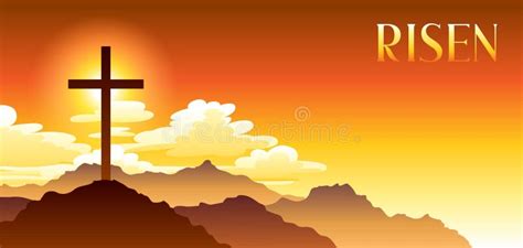 Risen. Easter Illustration. Greeting Card with Cross and Clouds Stock ...