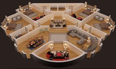 3d floor plan of first floor luxury house | CGTrader | Rendered floor plan, Round house plans ...