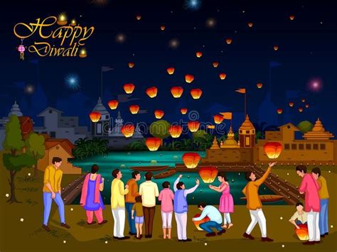 Indian family people celebrating Diwali festival of India. In vector ...