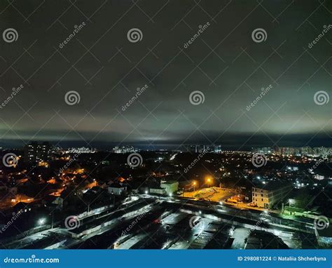 Aurora Lights Over the City. Aerial Night Skyscape with Aurora Lights. Stock Photo - Image of ...