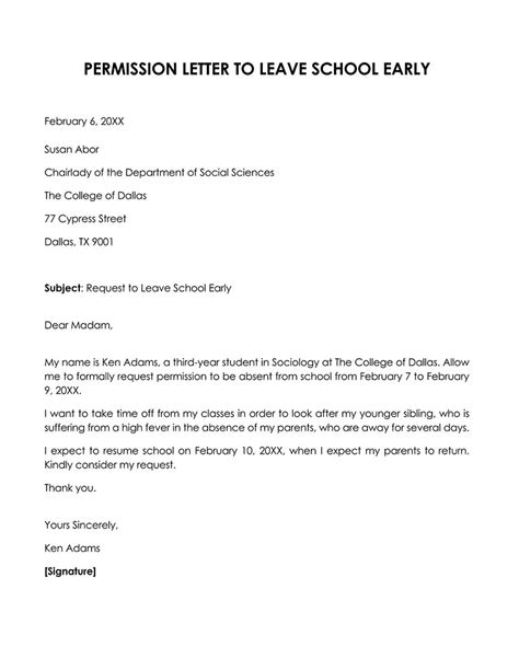 Asking Permission to Leave School Early (Letter & Application)