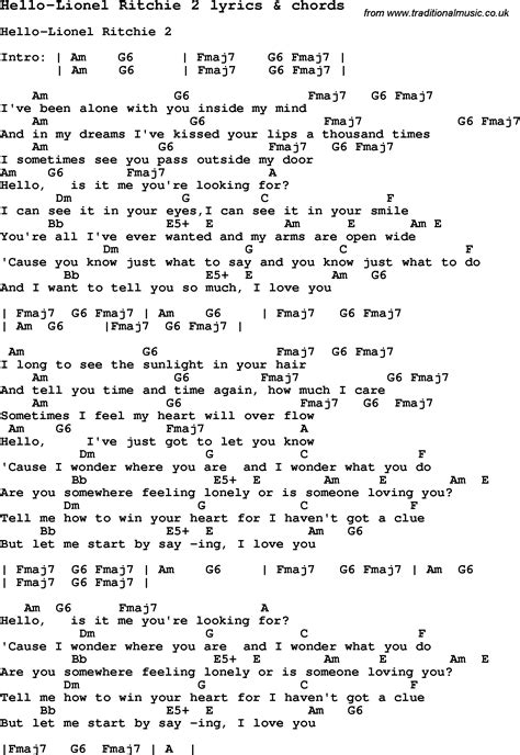 Love Song Lyrics for:Hello-Lionel Ritchie 2 with chords.