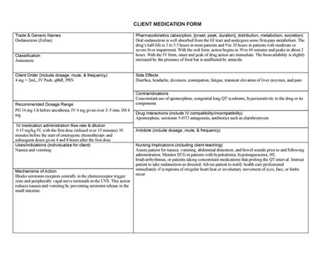 Ondansetron (Zofran) - Medication card - CLIENT MEDICATION FORM Trade ...