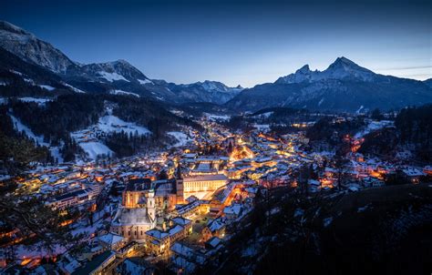 Wallpaper winter, mountains, building, home, Germany, valley, Bayern, Alps, panorama, night city ...