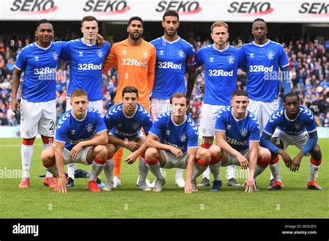 GLASGOW, SCOTLAND - JULY 18, 2019: Rangers starting players pose ahead ...