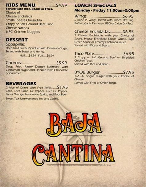 Menu at Baja CantinA pub & bar, Hitchcock, Hwy 6