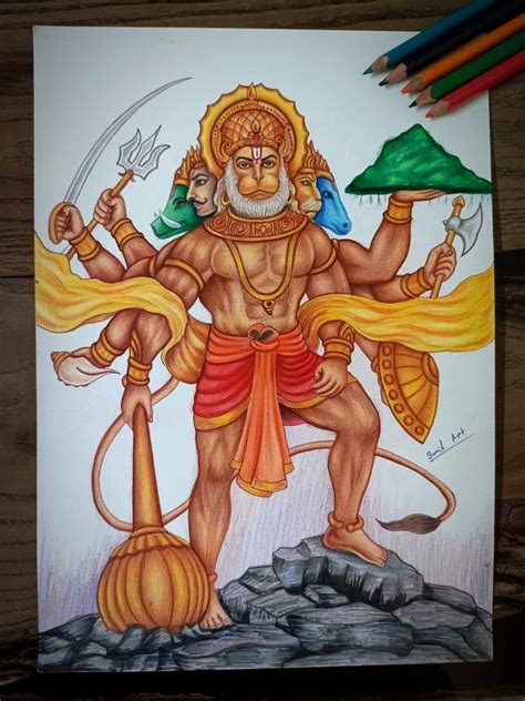 Panchamukhi Lord Hanuman | Colorpencil | By Sunil Kumar | Exotic India Art