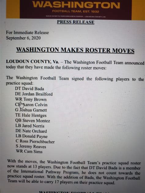 Washington Football Team Roster Tracker - Sunday - Sports Illustrated ...