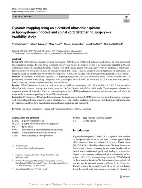 Dynamic mapping using an electrified ultrasonic aspirator in lipomyelomeningocele and spinal ...