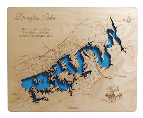 Douglas Lake, Tennessee - Laser Cut Wood Map