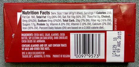 Trader Joe's Nutrition Labels: Trader Joe's Dark Chocolate with Almonds