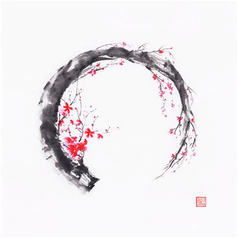 Zen sumi-e conceptual painting of Enso ring as a pink cherry blo ...