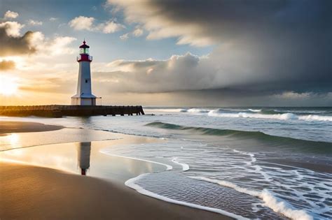 Premium AI Image | a lighthouse on a beach with a storm in the background